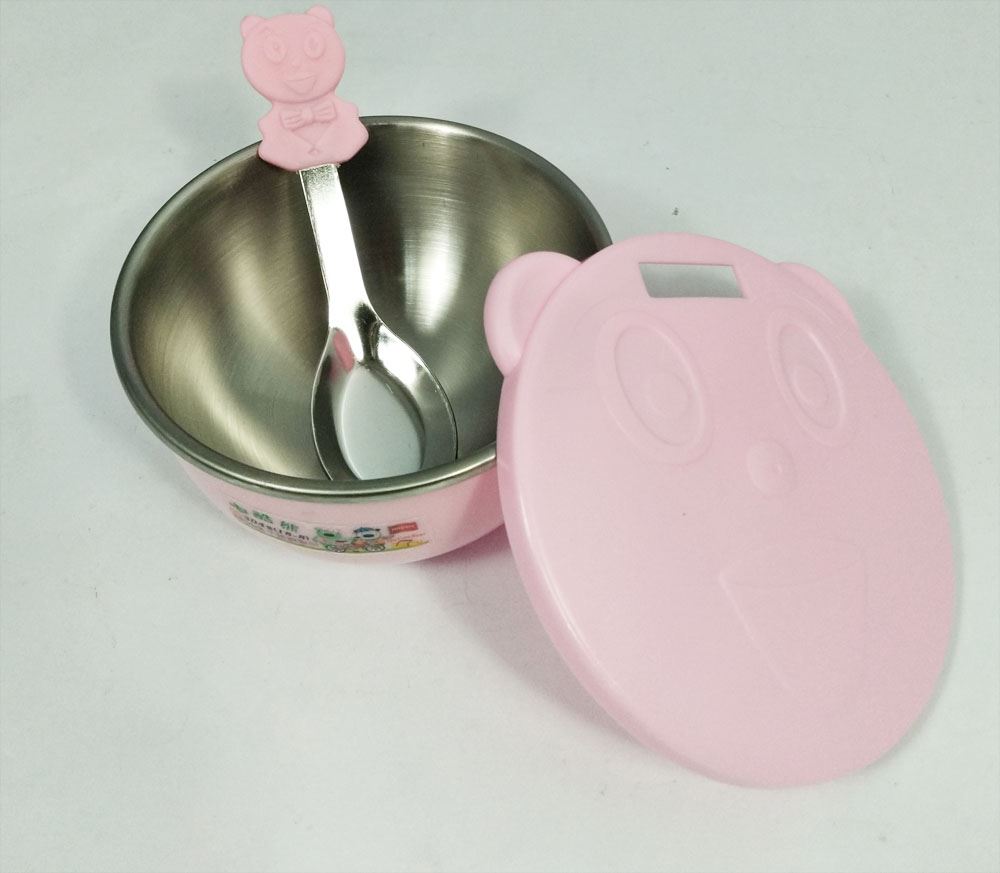 台灣製  甲庚 D-79 嘟酷熊 炫樂雙層隔熱兒童碗 -塑膠蓋有孔  4710423440791