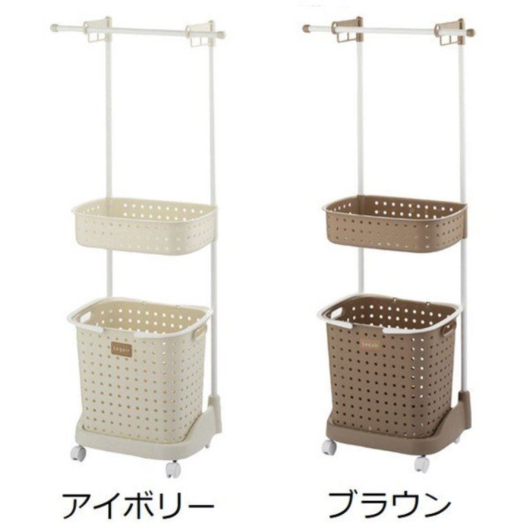 日本製  JEJ  2層洗衣籃附輪+毛巾架 -牙白4528302640510-棕 4528302640527