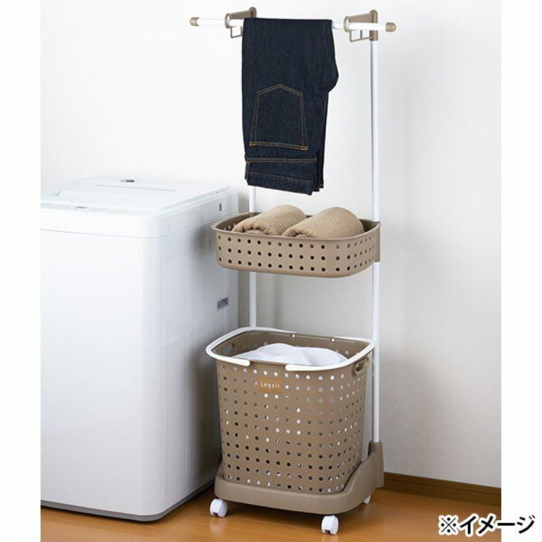 日本製  JEJ  2層洗衣籃附輪+毛巾架 -牙白4528302640510-棕 4528302640527