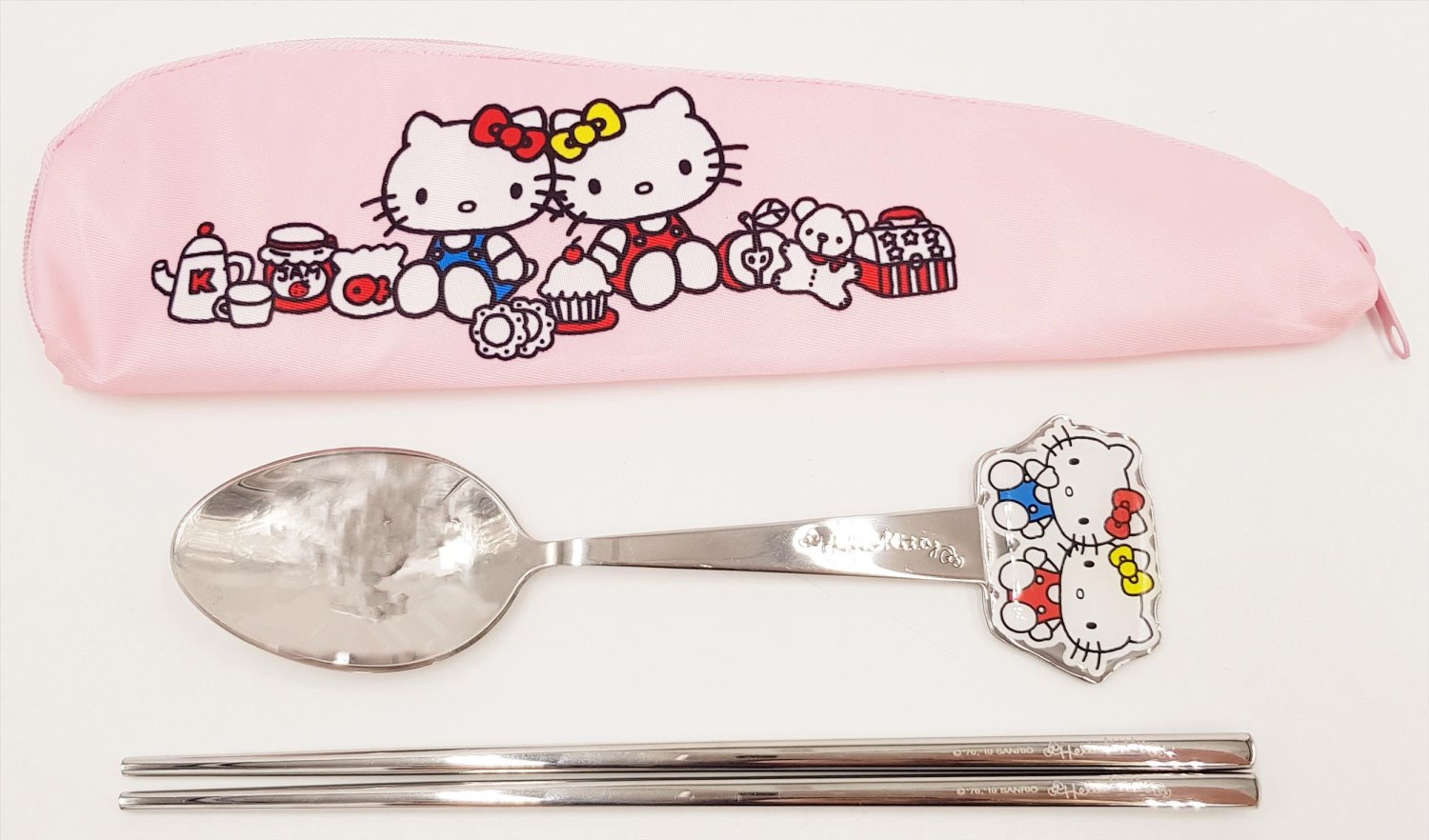 三麗鷗系列 Hello Kitty凱蒂貓 造型兩件式.布套餐具組.不鏽鋼餐具組附餐具袋.筷匙.環保餐具~KT-45-1539-鍋子/ KT-45-1540-heart-點心