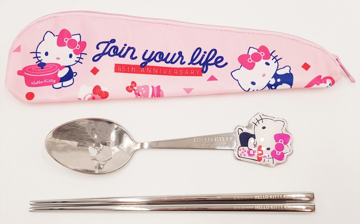 三麗鷗系列 Hello Kitty凱蒂貓 造型兩件式.布套餐具組.不鏽鋼餐具組附餐具袋.筷匙.環保餐具~KT-45-1539-鍋子/ KT-45-1540-heart-點心