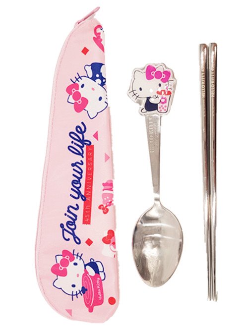 三麗鷗系列 Hello Kitty凱蒂貓 造型兩件式.布套餐具組.不鏽鋼餐具組附餐具袋.筷匙.環保餐具~KT-45-1539-鍋子/ KT-45-1540-heart-點心