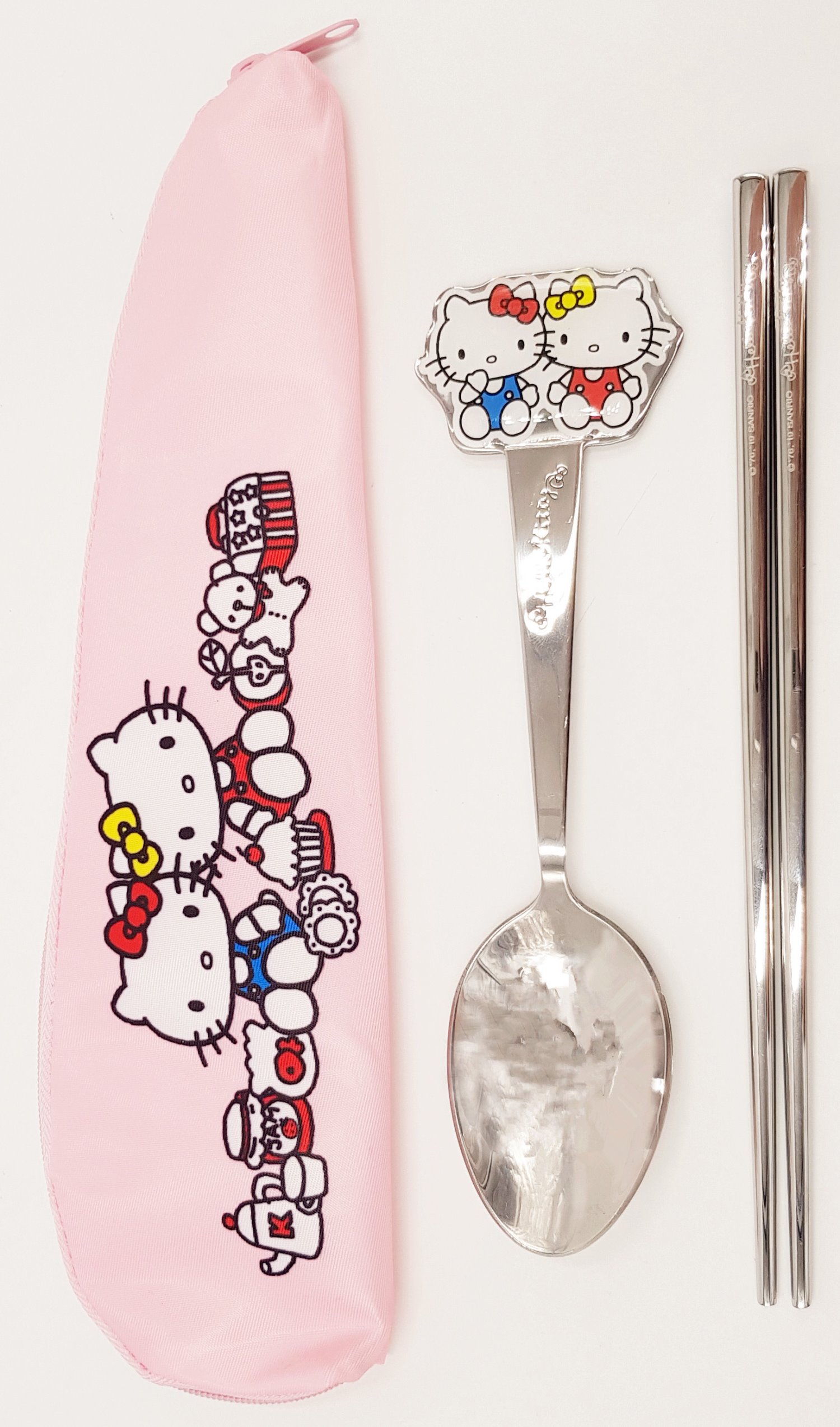 三麗鷗系列 Hello Kitty凱蒂貓 造型兩件式.布套餐具組.不鏽鋼餐具組附餐具袋.筷匙.環保餐具~KT-45-1539-鍋子/ KT-45-1540-heart-點心