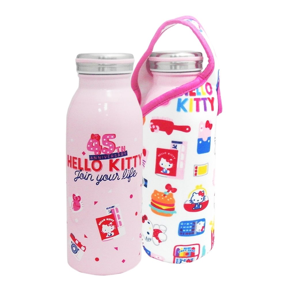 三麗鷗系列  Hello Kitty 凱蒂貓 保溫不鏽鋼牛奶瓶布套組450ml  ~ KT-45-1516-粉 / - KT-A-1517-心-白