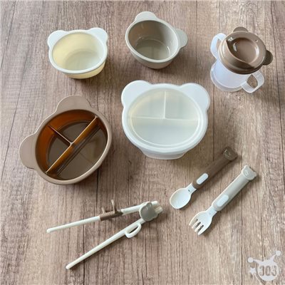 日本進口 小熊造型兒童學習筷 寶寶副食品容器 叉匙組 學習杯 微波碗