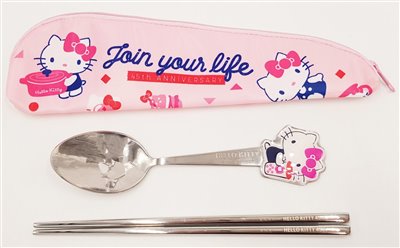 三麗鷗系列 Hello Kitty凱蒂貓 造型兩件式.布套餐具組.不鏽鋼餐具組附餐具袋.筷匙.環保餐具~KT-45-1539-鍋子/ KT-45-1540-heart-點心